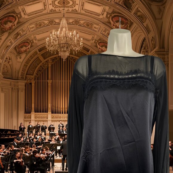 GUESS for MARCIANO Black Silk Satin & Lace Dress, Bewitching, Alluring, Large - Picture 2 of 14